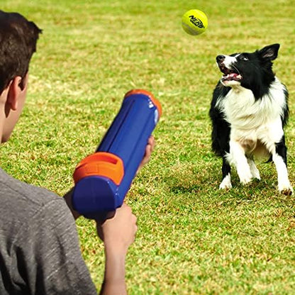 Nerf Dog Compact Tennis Ball Blaster Dog Toy, Great for Fetch, Hands-Free Reload, Launches up to 50 ft, Single Unit, Includes 3 Nerf Balls & Bag, Blue/Orange, Model: 5205