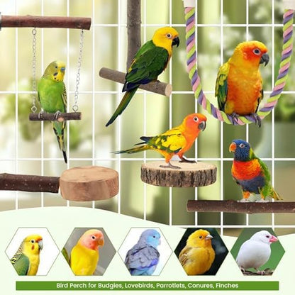 8-Piece Natural Wood Perches, Swing & Rope Set for Bird Cages