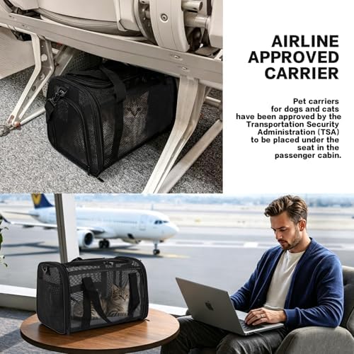 Cat Carrier, Soft-Sided Pet Carrier Bag, Breathable Mesh, Black (Black, 20 * 13 * 13)