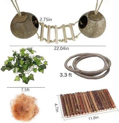 10PCS Crested Gecko Tank Accessories Set – Natural Double Coconut Shell with Ladder, Plants and Bridge Vines for Reptile Terrarium, Leopard Gecko, Lizard, Hermit Crab or Snake Habitat Decor