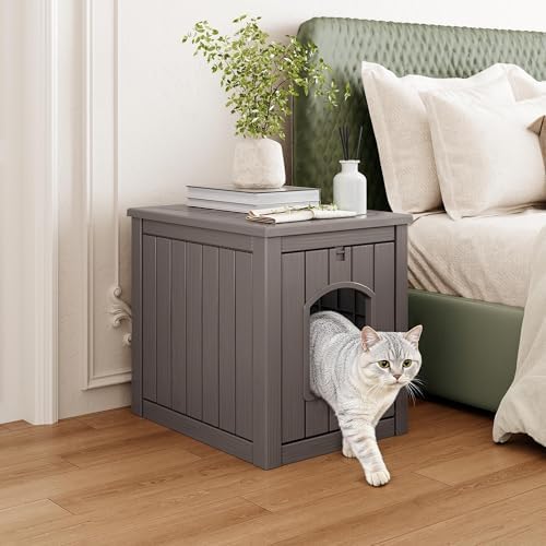 Cat Litter Box Enclosure, Hidden Litter Box with Openable Front Door, Outdoor Cat House Weatherproof, Side Table, Easy to Clean and Assembly, Dark Gray