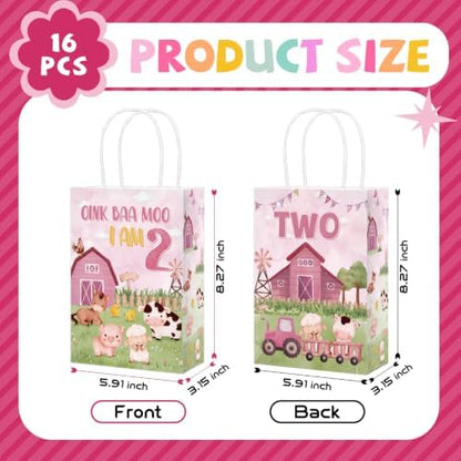 Greencian 16Pcs Farm 2nd Birthday Party Favor Bags Pink Goodie Bags