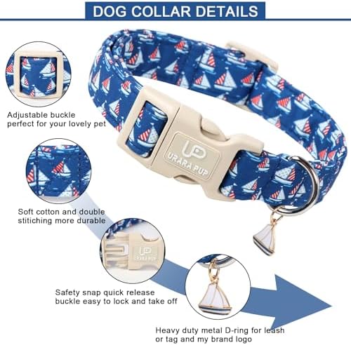 USA Flag Dog Collar, 4th of July Comfortable Cotton Dog Collars, American Flag Collar for Medium Girl Boy Dogs, Patriotic Collars with Sailboats Pattern