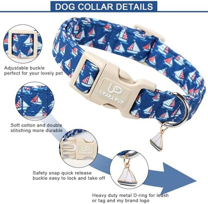 USA Flag Dog Collar, 4th of July Comfortable Cotton Dog Collars, American Flag Collar for Medium Girl Boy Dogs, Patriotic Collars with Sailboats Pattern