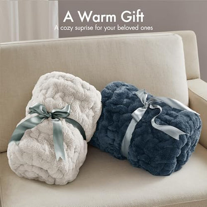 Madison Park Ruched Fur Throw Faux Fur Blanket, 50" x 60", Slate Blue