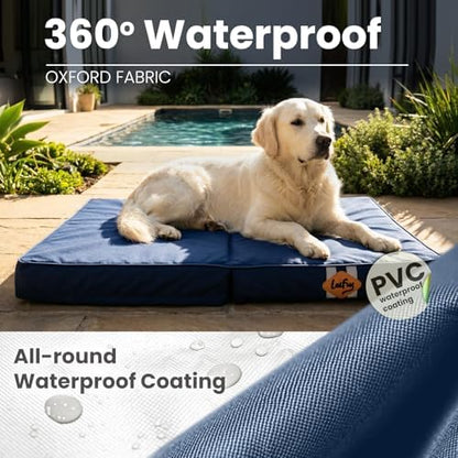 Laifug Foldable Waterproof Dog Bed for Large Dogs - Outdoor Orthopedic Dog Bed with Washable Removable Cover, Pet Mattress with Handles,Navy Blue, (36 x 27 x 3.5, inches)