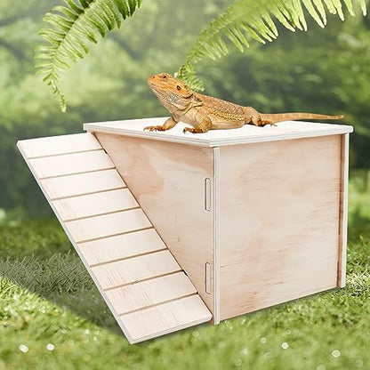 Large Bearded Dragon Hide Cave, Wooden Lizard Hideout with Climbing Ramp, Reptile Habitat with Basking Platform, Tank Accessories for Bearded Dragon Lizard Chameleon Hamster 11.3 x 9.1 x 7.1 Inch