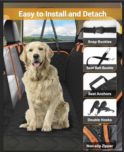 Dog Car Seat Cover, 600D Heavy Dute Car Seat Cover for Dogs Pets, 100% Waterproof Anti-Scratch Nonslip Dog Hammock for Cars, Seat Covers Protector with SeatBelt for Sedan SUV Truck Standard Oran&Black