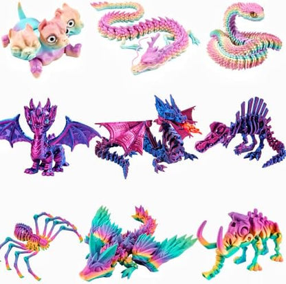9PCS 3D Printed Animals Dragon Snake Spider Mammoth Dog Set Kids Toys Gifts