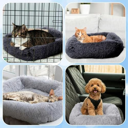 2-Pack Small Calming Dog & Cat Bed Anti Anxiety Fluffy Plush Pet Beds with Anti-Slip Bottom Machine Washable Interchangeable Pet Bed for Kittens & Puppies(Gray Series,21x16.5 Inch)