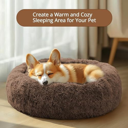 JOLLYVOGUE Calming Dog Bed Medium Size Dog, Anti-Anxiety Donut Medium Pet Bed, 27 inches Fluffy Faux Fur Round Cat Bed (Coffee)