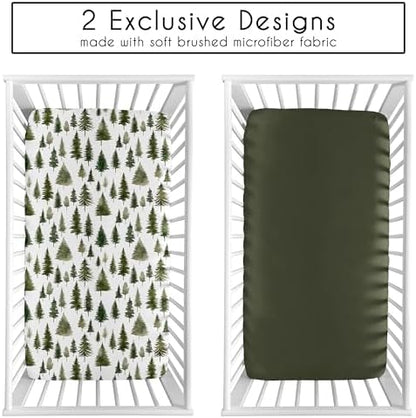 Sweet Jojo Designs 2-Piece Baby Crib Sheets Set (Green Woodland Tree) for Boys or Girls, Infant Nursery, Toddler Room - Standard Size (Neutral, Solid, Forest Pine Trees, Wilderness, Christmas Fir)