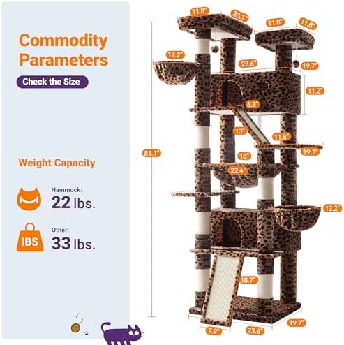 Allewie 81 Inches Tall Cat Tree/Multi-Level Large Climbing Tree House and Towers for Big Feline/Condo and Hammock/Scratching Post/Wide Base/Leopard Print