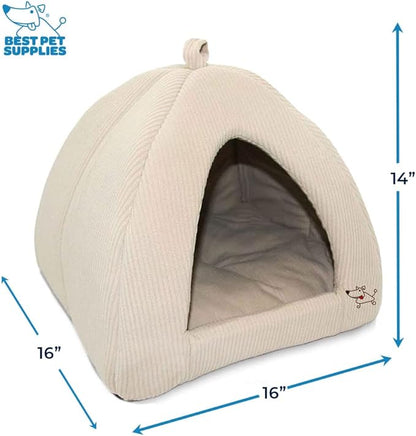 Best Pet Supplies Cat Bed for Indoor Cat, Domed Tent House with Removable Pillow, Covered Cat Cave for Small Dog, Puppies and All Breeds of Cats - Corduroy Beige, 16 x 16 x H:14"