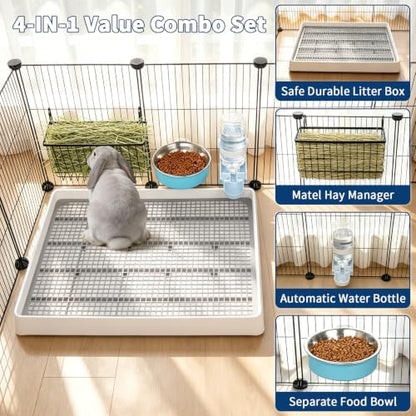 FHTONGE 4 in 1 Ultra Large Rabbit Litter Box with Feeder Combo Set for Cage
