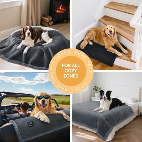 Luciphia Waterproof Bed Blanket Washable, Soft Sherpa Fleece Puppy Reversible Throw Blankets for Medium Large Dog Cat, Furniture Cover Protector Couch Bed from Liquid Pee and Pet Fur, Grey,85" x 57"