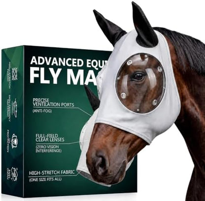 Horse Fly Mask with Ears - Ice Silk Cooling Fabric for Summer, Upgraded Anti-Fog & UV Blocking Ski-Grade Eye Mesh, Breathable Mosquito Insect Sun Mask for Horses