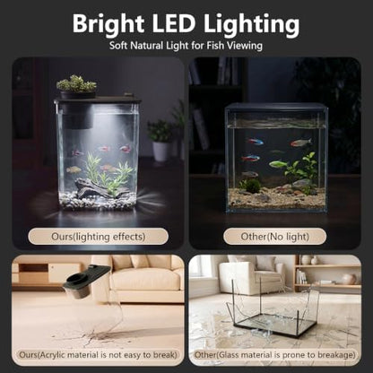 1 Gallon Betta Fish Tank Aquarium Starter Kit with Light and Lid(Black)