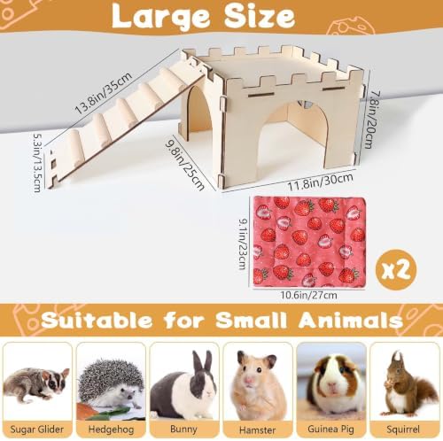 Guinea Pig Hideout,Large Wooden Guinea Pigs House with Stairs and Mats,Detachable Guinea Pig Castle Hide for Small Animals Hamster Chinchilla Ferret Habitats Accessories