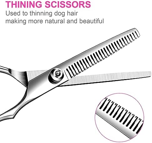 TINMARDA Dog Grooming Kit, Professional Stainless Steel Dog Grooming Scissors with Curved Shears, Pink Finger Rings - 5 Piece Sharp Durable Pet Shears for Dogs Cats At Home Salon-Quality Grooming