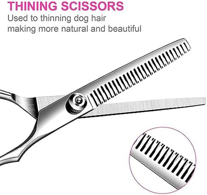 TINMARDA Dog Grooming Kit, Professional Stainless Steel Dog Grooming Scissors with Curved Shears, Pink Finger Rings - 5 Piece Sharp Durable Pet Shears for Dogs Cats At Home Salon-Quality Grooming