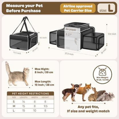 Top and 2 Sides Expandable Cat Carrier 18x13.5x9.5 TSA Airline Approved