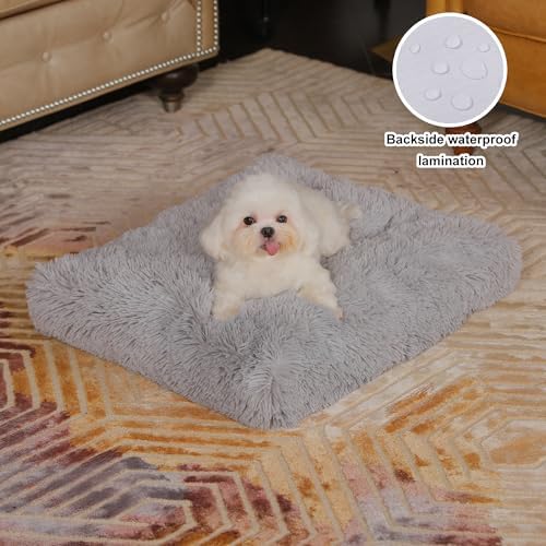 Bedfolks Waterproof Dog Crate Bed, Plush Dog Pad, 23"x18", Solid Light Grey