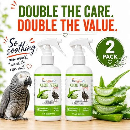 UnRuffledRx Aloe Vera Bird Spray for Parrots 2-Pack | Gentle Daily Support for Itchy Skin, Scratching, Dry Feathers & Feather Comfort | Fragrance Free & Safe if Preened | 8 oz Bottles
