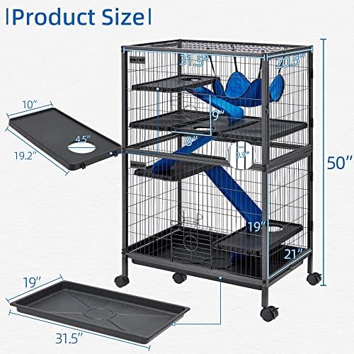 HABUTWAY 50''H Metal Small Animal Cages, Rolling Chinchilla Cage with Removable Ramps, Lagre Cage for Chinchillas/Guinea Pigs/Rabbit, Ferret Cages with Hammock & 5 Tiers, Black