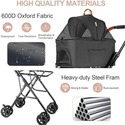 Double Cat Stroller for 2 Cats or Dogs, Detachable Carriers, Black