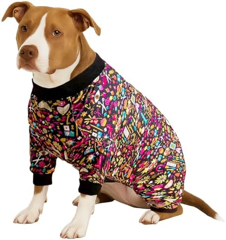 LovinPet Pet Pajamas for Pit Bulls, Dog Pjs, Decoupage Ink Print, Black, M