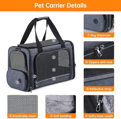 Cat Carrier Pet Travel Carrier by Airplane Approved Under seat, TSA Airline Approved Soft-Sided Dogs Carrier Bag for cat,Dogs,17.5 x 8.5 x 11 inches,Grey