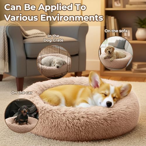 Calming Donut Dog Bed for Small Dogs, Anti-Anxiety Round Washable Plush Fluffy Faux Fur Large Cat Bed, 24 inches Fits up to 25 lbs Pets, Anti-Slip Waterproof Mute Base (Camel)