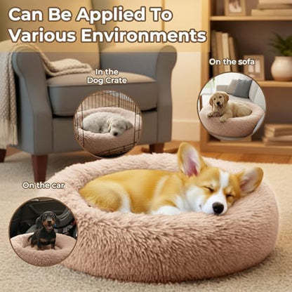 Calming Donut Dog Bed for Small Dogs, Anti-Anxiety Round Washable Plush Fluffy Faux Fur Large Cat Bed, 24 inches Fits up to 25 lbs Pets, Anti-Slip Waterproof Mute Base (Camel)