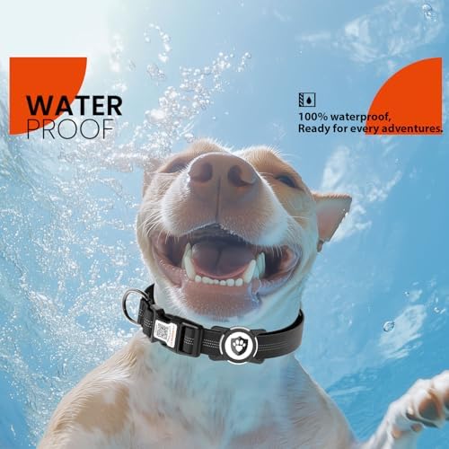 Waterproof AirTag Dog Collar with QR Code Dog Tag, Black M
