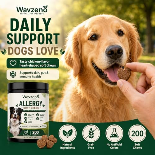 Dog Allergy Chews for Itchy Skin, Allergy Relief Soft Chews for Dogs with Probiotics, Omega 3 & Colostrum, Skin & Coat, Immune & Gut Health Support, Chicken Flavor, 200 Soft Chews