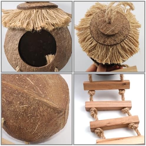 Gecko Tank Accessories,Grested Gecko Coconut Hideout Hut with Ladder Reptile Hanging Plants Climbing Bearded Dragon Hammock Flexible Jungle Vine Leaves Terrarium Decor