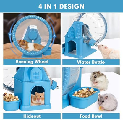Vannon 4 in 1 Quiet Hamster Exercise Wheel, Multi Functional Hamster House with Running Wheel, Water Bottle, Food Bowl and Hideout, Small Animals Exercise Running Toys for Hamsters Gerbils Mice, Blue