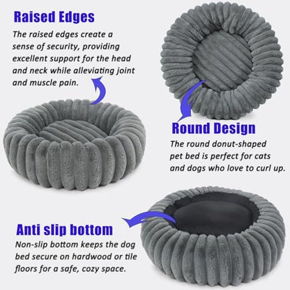 Dog Beds Small Sized Dog Washable Calming Anti-Anxiety Donut Puppy Bed for Small Dogs and Cats,Cozy Soft Anti-Slip Round Large Cat Bed 23 Inch Fits up to 20 lbs Pets,Warm Grey