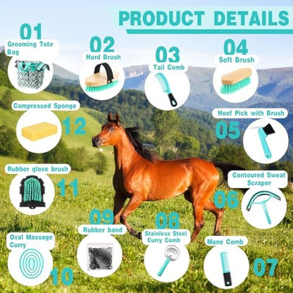 Abbylike 12 Piece Horse Grooming Kit with Organizer Tote Bag Brush Sets for Derby Day Show Horses Professional Tools for Care & Massage(Mint Green and Grey)