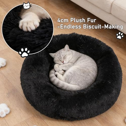 Calming Donut Dog Beds Large Sized Dog - Washable Removable Cover Non-Slip, Round Pet Bed Warming Fluffy Plush Faux Fur Anti-Anxiety Thick Cushion, Fits up to 80 lbs (Black, 36")