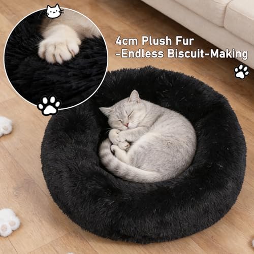 Calming Donut Dog Bed Medium Size Dog - Washable Removable Cover Non-Slip Bottom, Round Pet Bed Cat Bed Warming Fluffy Plush Faux Fur Anti-Anxiety, Fits up to 45 lbs (Black, 30")