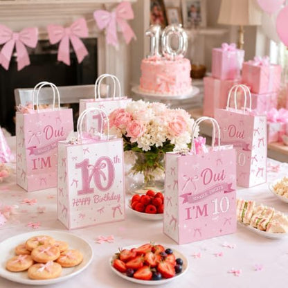 16Pcs Pink Bow 10th Birthday Party Favor Bags Cute Bow Goodie Bags