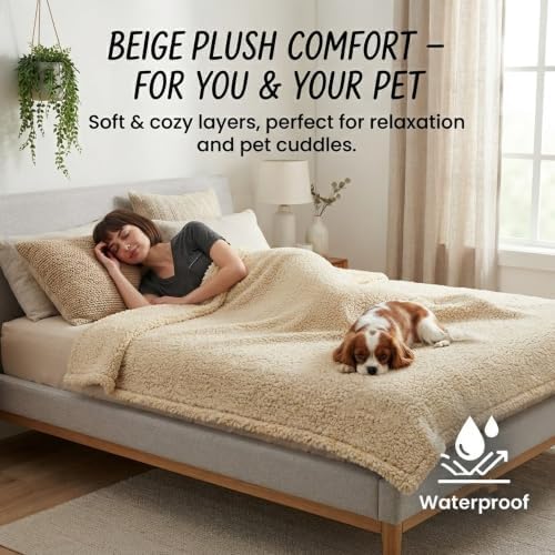 Waterproof Dog Blanket Reversible Pet Bed Cover Puppy Fluffy Cream Blankets Leakproof Sofa Couch Cover Cat Pet Blanket for Warm Washable-S