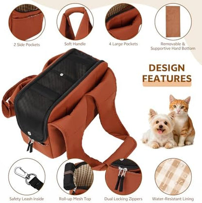 Dog Purse Carrier for Small Dogs and Cats, Soft-Sided Pet Tote Bag with 6 Large Pockets, Collapsible Travel Puppy Carrier with Small Cushion, Fits Pets up to 6 lbs (Caramel, 13.6" L x 6.6" W x 10" H)