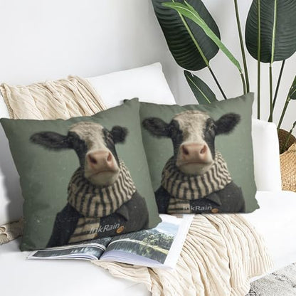 InkRain Winter Animal Cute Black and White Cow Pillow Cover 12x12 Inch Set of 2 Home Decor Decorative Cotton Linen Illustration Pillowcases for Living Room House Sofa