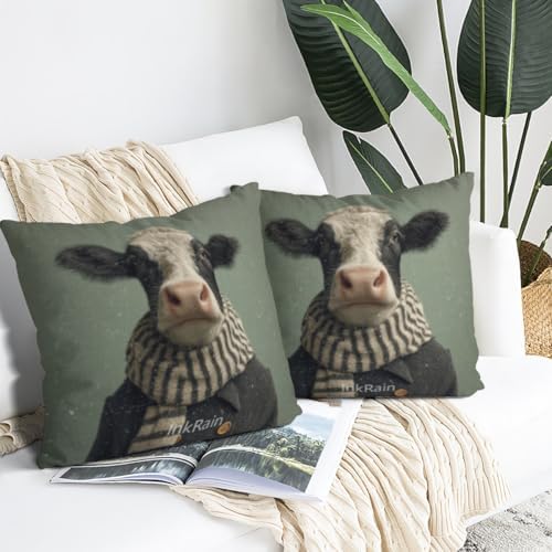 InkRain Winter Animal Cute Black and White Cow Pillow Cover 26x26 Inch Set of 2 Home Decor Decorative Cotton Linen Illustration Pillowcases for Living Room House Sofa