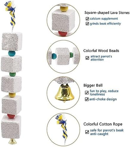 2 Pack Large Bird Chewing Toy, Parrot Beak Grinding Calcium Stone with Bells, Bird Cage Accessories, Cage Toys for Cockatiel Parakeet Parrot Budgies Rat Hamster Chinchilla Rabbit Bunny African Grey