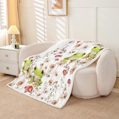 Erosebridal Kids Kawaii Frog Blankets and Throws 40"x50",Mushroom and Frog Blanket Throw for Girls Boys,Wild Animal Print Fleece Blanket Farmhouse Flower Fuzzy Blanket for Bed Sofa Decor
