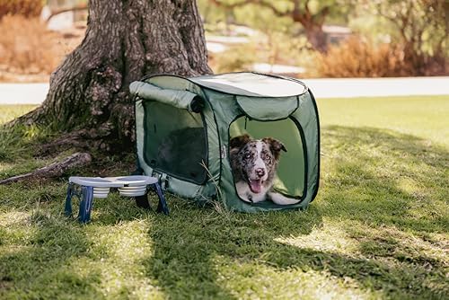 SportPet Designs Soft-Sided Pop-Open Pet Kennel, Medium Portable Travel Crate for Cats & Dogs up to 50 lbs, Foldable Car Kennel with Seatbelt Straps & Washable Waterproof Pad, Green